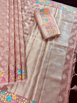 Handmade Dusty Pink Color Soft Banarasi Kora Silk Saree with Muted Gold Zari Weave and Floral Embroidery - Kaash