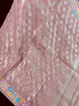 Handmade Dusty Pink Color Soft Banarasi Kora Silk Saree with Muted Gold Zari Weave and Floral Embroidery - Kaash
