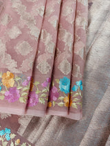 Handmade Dusty Pink Color Soft Banarasi Kora Silk Saree with Muted Gold Zari Weave and Floral Embroidery - Kaash