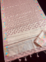 Handmade Dusty Pink Color Soft Banarasi Kora Silk Saree with Muted Gold Zari Weave and Floral Embroidery - Kaash