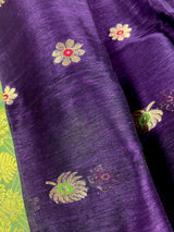 Eggplant Purple & Green Linen Cotton Silk saree in linen blend cotton silk with zari weaving with meenakari work — Kaash Collection