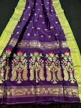 Eggplant Purple & Green Linen Cotton Silk saree in linen blend cotton silk with zari weaving with meenakari work — Kaash Collection