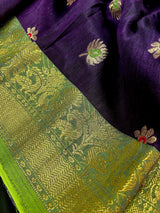 Handmade Eggplant Purple and Green Color Linen blend with Cotton Silk Handloom Saree with Zari Weave and Meenakari - Kaash