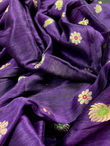 Handmade Eggplant Purple and Green Color Linen blend with Cotton Silk Handloom Saree with Zari Weave and Meenakari - Kaash