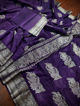 Eggplant Purple Linen Silk saree in linen blend cotton silk with silver zari weave on linen cotton silk — Kaash Collection