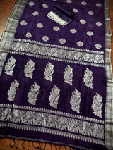 Handmade Eggplant Purple Color Saree in Linen Silk with Sliver Zari Weave - Kaash