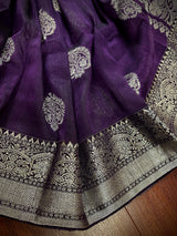 Handmade Eggplant Purple Color Saree in Linen Silk with Sliver Zari Weave - Kaash