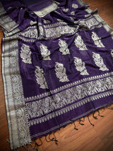 Handmade Eggplant Purple Color Saree in Linen Silk with Sliver Zari Weave - Kaash