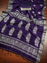 Handmade Eggplant Purple Color Saree in Linen Silk with Sliver Zari Weave - Kaash