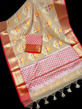 Handmade Gold Beige Banarasi Cotton Silk with Meenakari Flowers - Kaash