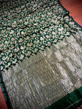 Handmade Green Color Linen Jamdani Saree with Muted Gold Zari Weave - Kaash