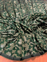 Handmade Green Color Linen Jamdani Saree with Muted Gold Zari Weave - Kaash