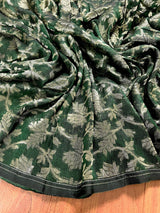 Handmade Green Color Linen Jamdani Saree with Muted Gold Zari Weave - Kaash