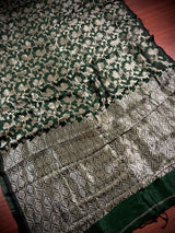 Handmade Green Color Linen Jamdani Saree with Muted Gold Zari Weave - Kaash