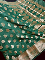 Handmade Green Color Soft Banarasi Silk Saree with Gold Zari Weave - Banarasi Sarees - Gift for Her - Kaash