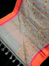 Handmade Grey Banarasi Organza Kora Silk Saree with Orange and Pink Raw Silk Patta on the Border - Floral Embroidery Saree - Kaash