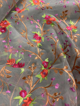 Handmade Grey Banarasi Organza Kora Silk Saree with Orange and Pink Raw Silk Patta on the Border - Floral Embroidery Saree - Kaash