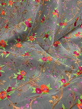 Handmade Grey Banarasi Organza Kora Silk Saree with Orange and Pink Raw Silk Patta on the Border - Floral Embroidery Saree - Kaash