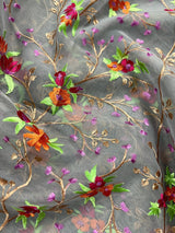 Grey Kora with Raw Silk Patta saree in banarasi kora organza silk with floral embroidery with raw silk patta — Kaash Collection