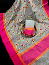 Grey Kora with Raw Silk Patta saree in banarasi kora organza silk with floral embroidery with raw silk patta — Kaash Collection