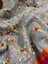 Grey Kora with Raw Silk Patta saree in banarasi kora organza silk with floral embroidery with raw silk patta — Kaash Collection