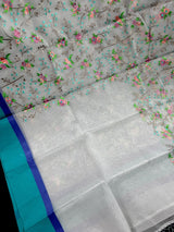 Grey Kora Organza with Blue & Green Patta saree in banarasi kora organza silk with raw silk patta with floral jaal embroidery — Kaash Collection