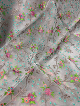 Grey Kora Organza with Blue & Green Patta saree in banarasi kora organza silk with raw silk patta with floral jaal embroidery — Kaash Collection