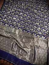 Ink Blue Linen Jamdani saree in linen jamdani with muted gold zari weave on linen jamdani — Kaash Collection