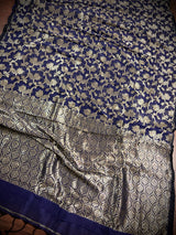 Handmade Ink Blue Color Linen Jamdani Saree with Muted Gold Zari Weave - No Blouse - Kaash