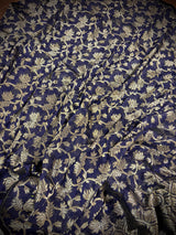 Handmade Ink Blue Color Linen Jamdani Saree with Muted Gold Zari Weave - No Blouse - Kaash