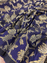Handmade Ink Blue Color Linen Jamdani Saree with Muted Gold Zari Weave - No Blouse - Kaash