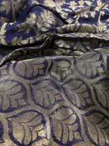 Handmade Ink Blue Color Linen Jamdani Saree with Muted Gold Zari Weave - No Blouse - Kaash