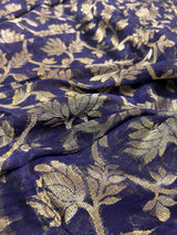 Handmade Ink Blue Color Linen Jamdani Saree with Muted Gold Zari Weave - No Blouse - Kaash