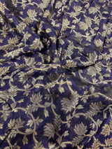 Handmade Ink Blue Color Linen Jamdani Saree with Muted Gold Zari Weave - No Blouse - Kaash