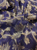 Handmade Ink Blue Color Linen Jamdani Saree with Muted Gold Zari Weave - No Blouse - Kaash