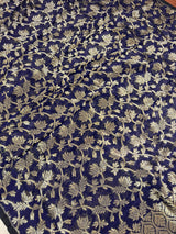 Handmade Ink Blue Color Linen Jamdani Saree with Muted Gold Zari Weave - No Blouse - Kaash