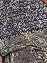 Handmade Ink Blue Color Linen Jamdani Saree with Muted Gold Zari Weave - No Blouse - Kaash