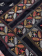 Handmade Kantha Stitch Black Color Saree in Bangalori Silk - Handwoven Kantha Stitch Sarees - Kantha Saree - Bengal Saree - Kaash