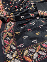 Handmade Kantha Stitch Black Color Saree in Bangalori Silk - Handwoven Kantha Stitch Sarees - Kantha Saree - Bengal Saree - Kaash