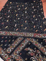 Handmade Kantha Stitch Black Color Saree in Bangalori Silk - Handwoven Kantha Stitch Sarees - Kantha Saree - Bengal Saree - Kaash