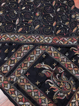 Handmade Kantha Stitch Black Color Saree in Bangalori Silk - Handwoven Kantha Stitch Sarees - Kantha Saree - Bengal Saree - Kaash