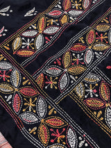 Handmade Kantha Stitch Black Color Saree in Bangalori Silk - Handwoven Kantha Stitch Sarees - Kantha Saree - Bengal Saree - Kaash