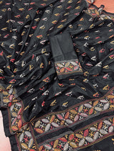 Handmade Kantha Stitch Black Color Saree in Bangalori Silk - Handwoven Kantha Stitch Sarees - Kantha Saree - Bengal Saree - Kaash