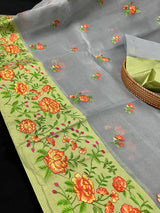 Handmade Light Grey Color Banarasi Kora Organza Saree with Floral Embroidery - Pista Green Raw Silk Border with Floral Embroidery - Kaash
