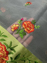 Handmade Light Grey Color Banarasi Kora Organza Saree with Floral Embroidery - Pista Green Raw Silk Border with Floral Embroidery - Kaash