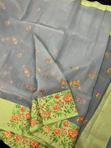 Handmade Light Grey Color Banarasi Kora Organza Saree with Floral Embroidery - Pista Green Raw Silk Border with Floral Embroidery - Kaash