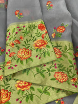 Handmade Light Grey Color Banarasi Kora Organza Saree with Floral Embroidery - Pista Green Raw Silk Border with Floral Embroidery - Kaash