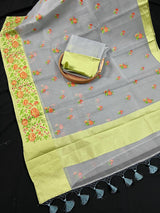 Handmade Light Grey Color Banarasi Kora Organza Saree with Floral Embroidery - Pista Green Raw Silk Border with Floral Embroidery - Kaash