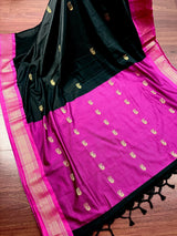 Handmade Light Weight Black Color Soft Silk Saree with Purple and Peacock Motifs - Kaash