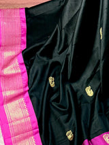Handmade Light Weight Black Color Soft Silk Saree with Purple and Peacock Motifs - Kaash